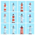 Lighthouse sea set. Tower with a spotlight on the coast for marine navigation, red with white stripes, clouds on a blue Royalty Free Stock Photo