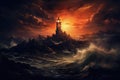 Lighthouse in the sea at sunset. 3d render illustration, An isolated iron lighthouse shining out to sea at night on a rocky stone Royalty Free Stock Photo