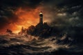 Lighthouse in the sea at sunset, 3d render illustration, An isolated iron lighthouse shining out to sea at night on a rocky stone Royalty Free Stock Photo