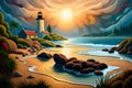 Lighthouse in the sea at sunset. Vector illustration of the landscape, abstract nature, generative ai Royalty Free Stock Photo