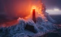 Lighthouse on the sea under heavy storm Royalty Free Stock Photo