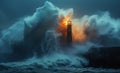 Lighthouse on the sea under heavy storm. Lighthouse hit by huge wave Royalty Free Stock Photo