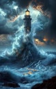 Lighthouse on the sea under sky and storm. Lighthouse hit by huge wave Royalty Free Stock Photo