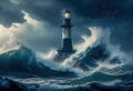 Lighthouse in the sea under a storm. Ia generative. Royalty Free Stock Photo