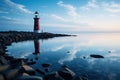 Lighthouse on the seashore, beautiful landscape. Seascape, signal building on the seashore. Coastal landscape with a