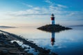 Lighthouse on the seashore, beautiful landscape. Seascape, signal building on the seashore. Coastal landscape with a Royalty Free Stock Photo