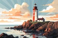 Lighthouse on the seashore, flat illustration. Seascape, signal building on the seashore. Coastal landscape with a Royalty Free Stock Photo