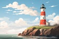 Lighthouse on the seashore, flat illustration. Seascape, signal building on the seashore. Coastal landscape with a Royalty Free Stock Photo