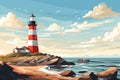 Lighthouse on the seashore, flat illustration. Seascape, signal building on the seashore. Coastal landscape with a Royalty Free Stock Photo