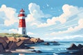 Lighthouse on the seashore, flat illustration. Seascape, signal building on the seashore. Coastal landscape with a Royalty Free Stock Photo