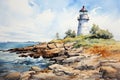 Lighthouse on the seashore, flat illustration. Seascape, signal building on the seashore. Coastal landscape with a Royalty Free Stock Photo