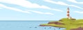 Lighthouse on seashore flat vector illustration. Island pharos, light house, seascape, signal building on seaside