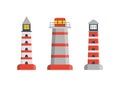 Lighthouse set, tower for signal beacon. Building on sea coast landscape. Element in simple flat style. Sign of