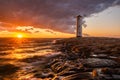 Lighthouse in the shape of a windmill in Swinoujscie in Poland during the dramatic sunset