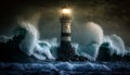 lighthouse shines brightly in the dark in a raging sea, a storm, generative ai