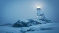 Serene Lighthouse Illuminating Snowy Landscape on a Foggy Night. Perfect for Winter Themes and Tranquil Scenes. AI