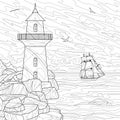Lighthouse and ship.Landscape.Coloring book antistress for children and adults.