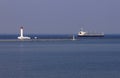 Lighthouse and ship in Odessa seaport