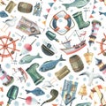 Lighthouse, ships, steering wheels, anchors, fish and objects on the topic of SEA FISHING. Watercolor illustration