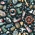 Lighthouse, ships, steering wheels, anchors, fish and objects on the topic of SEA FISHING. Watercolor illustration
