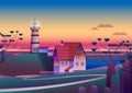 Lighthouse on Shore with evening Sea on background - Flat Vector Illustration Royalty Free Stock Photo