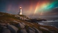 lighthouse on the shore of the sea detailed photograph o Peggy`s Cove Lighthouse inside a arura borealis northern lights