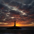 A lighthouse silhouette against a dark sunset sky forms a dramatic coastal scene Royalty Free Stock Photo