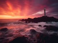 Lighthouse Silhouette at Dusk on a Rocky Coastline Royalty Free Stock Photo