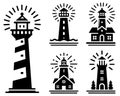 Lighthouse silhouette icons set logo black beacon light ocean sea light house nautical marine silhouettes vector Royalty Free Stock Photo