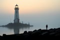 lighthouse silhouette on a misty, foggy morning