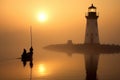 lighthouse silhouette on a misty, foggy morning