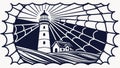 Lighthouse silhouetted in a spiderweb, symbolizing guidance and entrapment, vector design Generative AI Royalty Free Stock Photo
