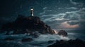 a lighthouse sitting on top of a rock in the middle of the ocean under a night sky filled with stars and clouds with a full moon Royalty Free Stock Photo