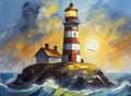 Lighthouse oil painting. Art. oil painting A lighthouse on a rocky island in the ocean with the sun setting behind it. Royalty Free Stock Photo