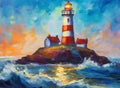 Lighthouse oil painting. Art. oil painting A lighthouse on a rocky island in the ocean with the sun setting behind it. Royalty Free Stock Photo