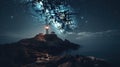 a lighthouse on a small island with a sky full of stars in the background and a lighthouse in the foreground with a light house Royalty Free Stock Photo