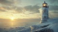 Lighthouse on a snowy shore with icicles a winter s coastal scene of tranquility Royalty Free Stock Photo