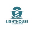 lighthouse stand in the coral rock ocean at the night vector icon logo design Royalty Free Stock Photo