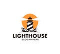 lighthouse stand in the coral rock ocean at the night vector icon logo design Royalty Free Stock Photo