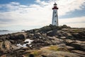 a lighthouse standing alone on a rocky outcrop Royalty Free Stock Photo