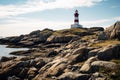 a lighthouse standing alone on a rocky outcrop Royalty Free Stock Photo