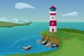 Lighthouse standing on a cliff, summer scene, landscape with ocean, rocks and mountains in cartoon style isolated on Royalty Free Stock Photo