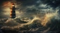 a lighthouse standing resilient against an approaching tornado or typhoon, capturing the power of nature. Royalty Free Stock Photo