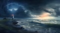 a lighthouse standing resilient against an approaching tornado or typhoon, capturing the power of nature. Royalty Free Stock Photo