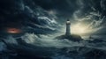 a lighthouse standing resilient against an approaching tornado or typhoon, capturing the power of nature. Royalty Free Stock Photo