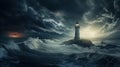 a lighthouse standing resilient against an approaching tornado or typhoon, capturing the power of nature.