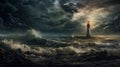 a lighthouse standing resilient against an approaching tornado or typhoon, capturing the power of nature.