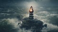 a lighthouse standing resilient against an approaching tornado or typhoon, capturing the power of nature.