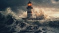 a lighthouse standing resilient against an approaching tornado or typhoon, capturing the power of nature.