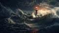 a lighthouse standing resilient against an approaching tornado or typhoon, capturing the power of nature.